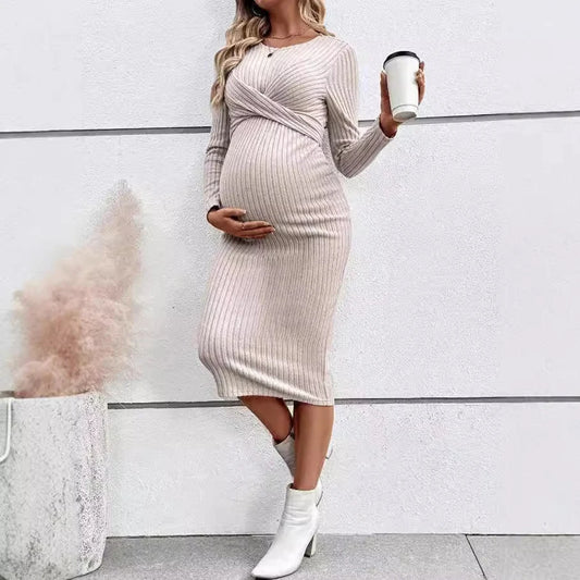 Maternity Dress Fashion Pregnancy Clothes Long Sleeve Temperament Slim Solid Color Knit Maternities Dresses One-piece Skirt
