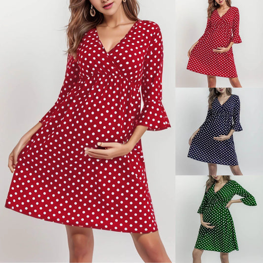 Maternity Clothes 2025 Spring Summer Women's New Pregnancy Dress Polka Dot Print Casual Women's Dresses Breastfeeding Clothing