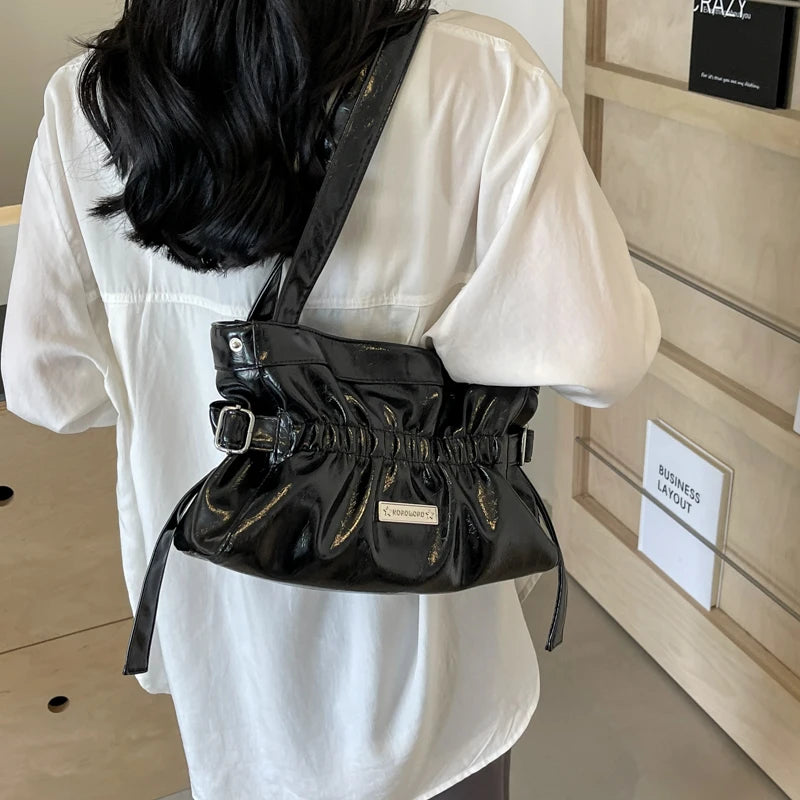 Women's Bag PU Ruched Fashion Shoulder Bag Pleated Solid Color Handbag Large Capacity Underarm Bag Stylish Armpit Bag Tote Purse