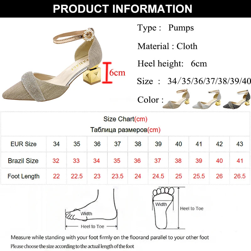 Bling Crystal High Heels Pumps Women Elegant Pearl Buckle Square Heels Wedding Party Shoes Ladies Pointed Toe Ankle Strap Pumps