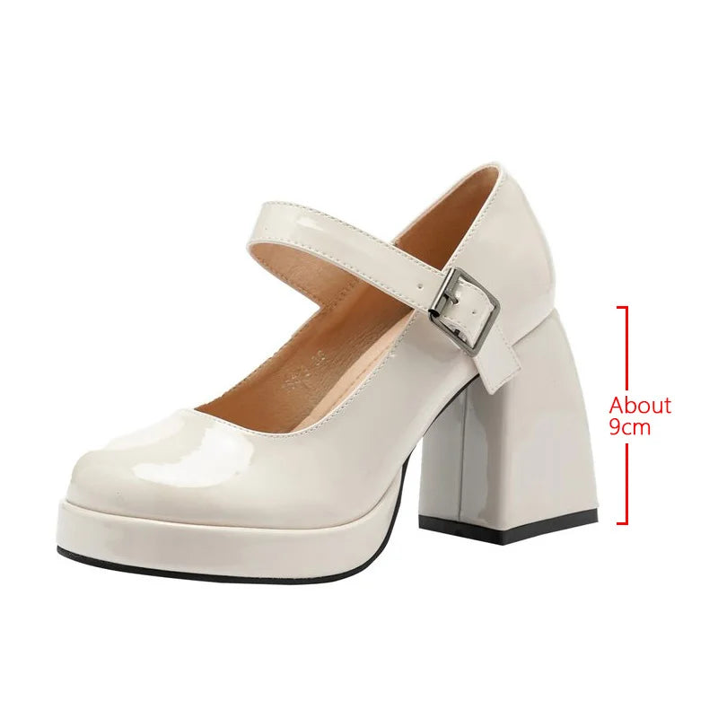 mary jane heels Women 2024 Hot sale Pu Leather Ankle Buckle High Heels  Platform shoes Woman Thick Heeled Goth white Pumps