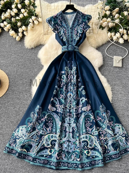 French Fashion Bohemian Vintage Dress Women Aesthetic Print Single Breasted Belted Clothes New Design Retro Long Dresses Summer