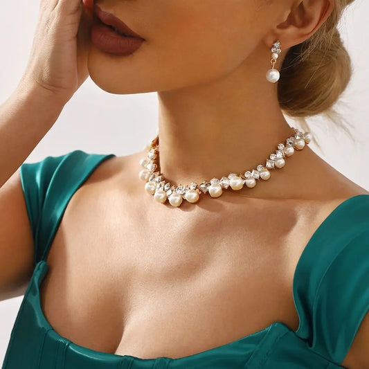 Earrings Sparkling Pearl Jewelry Set Elegant Multi-layer Pearl Necklace Neck Accessory Women Jewelry Pearl Dangle Earrings Girl