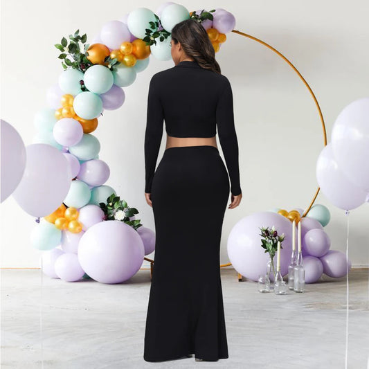Maternity Mock Neck Long Sleeve Top Slim Maxi Skirt 2 Pcs Set Photoshoot Outfit  Wedding Party Pregnant Clothes