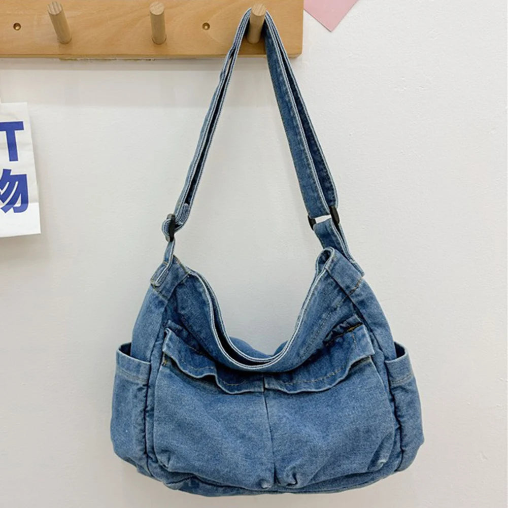 Women Stylish Crossbody Bag Large Capacity Denim Casual Satchel Bag Adjustable Strap Daily Tote Bag Multifunction Chic Hobo Bag