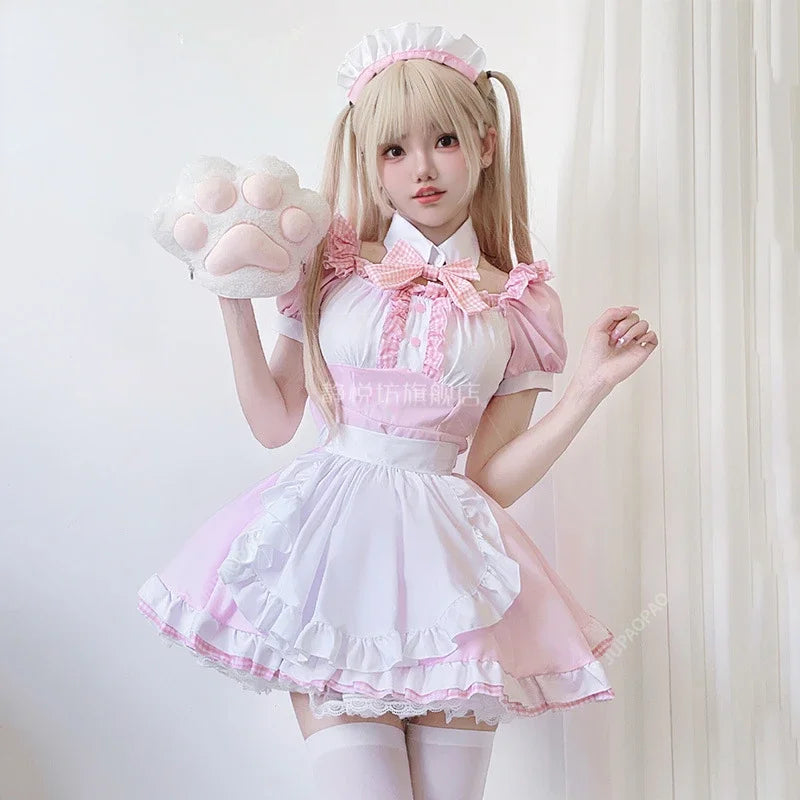 Japanese Lovely Maid Plaid Costumes Soft Girl Halloween Gothic Waitress Sweet Pink Dress Cute Bow Apron Maid Role Play Costumes