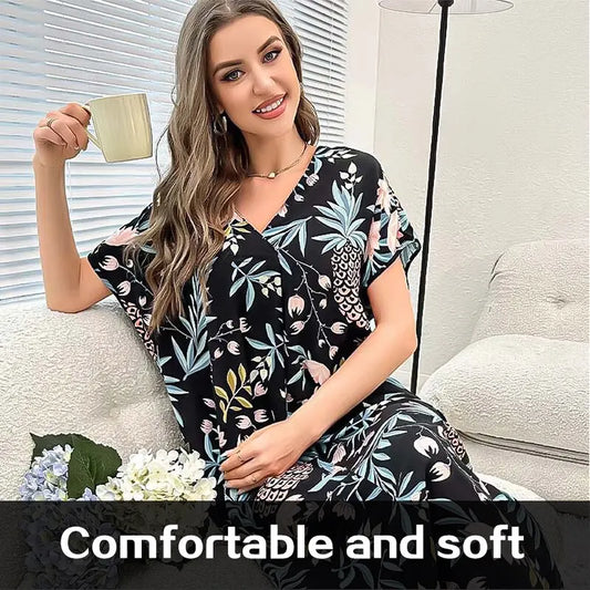 Women Fashion And Elegant Dress Floral Printed Long Dresses Summer Casual V Neck Floral Printed Short Sleeve Dresses