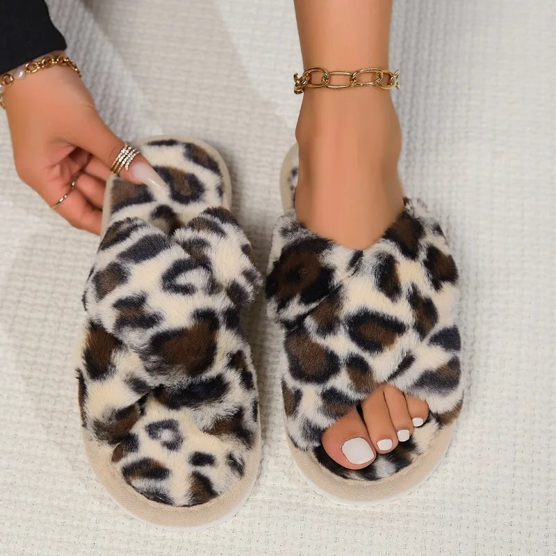 Fashion Cross Strap Fluffy Slippers Women 2024 Winter Warm Fur Home Slippers Woman Comfortable Soft Sole Non Slip Indoor Shoes