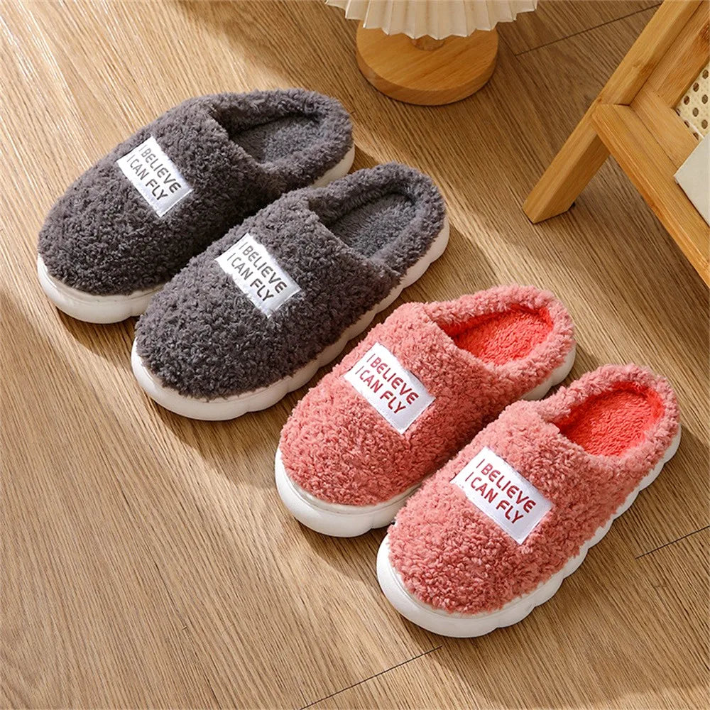 Thick Sole Home Indoor Outside Men And Women Couples Winter Household Warm Fluffy Slippers High Heels Plush Cotton Shoes Ladies