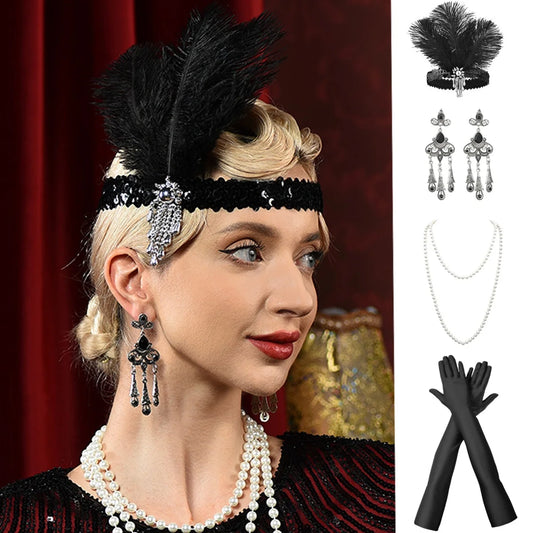 1920s Women's Gatsby Same Makeup Party Feather Headband Retro Ball Party Earrings Gloves Necklace Accessories