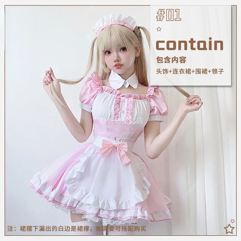 Japanese Lovely Maid Plaid Costumes Soft Girl Halloween Gothic Waitress Sweet Pink Dress Cute Bow Apron Maid Role Play Costumes