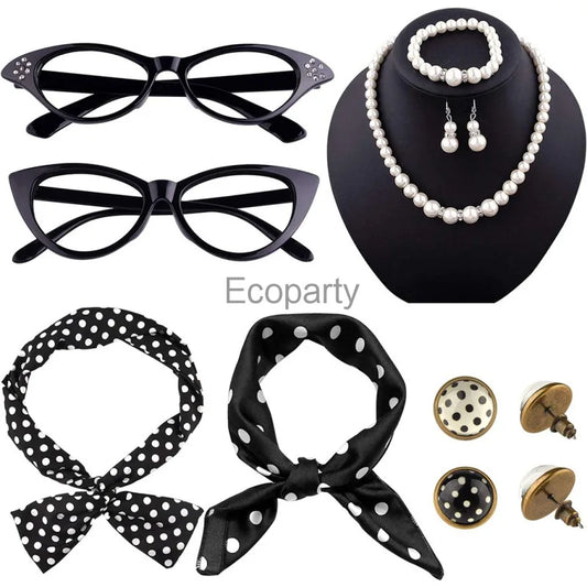 Women 1950's Costume Accessories Vintege Polka Dot Headband Necklace Chiffon Scarf Eyeglasses Earrings Set Girls Party Outfits