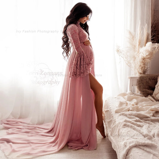 Maternity Photography Props Dress Pregnancy Size Jumpsuit Lace Body Feminino Pagoda Sleeve Slim Jumpsuit Pair With Chiffon Skirt
