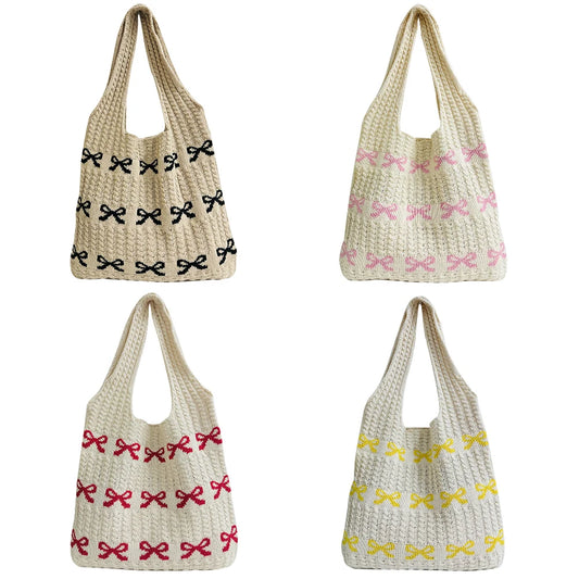 Women Aesthetics Handbag Large Capacity Bow Pattern Fashion Woven Bag Multifunctional Daily Shoulder Bag for Shopping Traveling