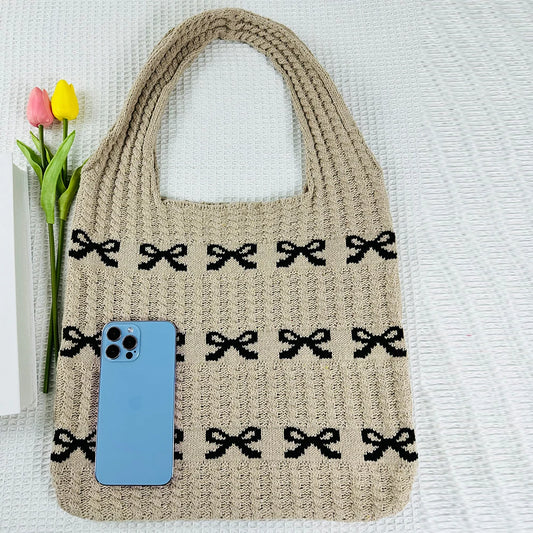 Women Aesthetics Handbag Large Capacity Bow Pattern Fashion Woven Bag Multifunctional Daily Shoulder Bag for Shopping Traveling