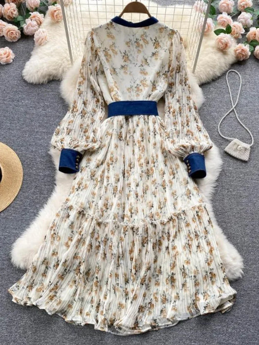 Women Temperament Maxi Dresses Vintage Printing Belt Tunic Party Dress Autumn Bohemian Pleated Fashion 2025 Vestidos De Mujer Wj
