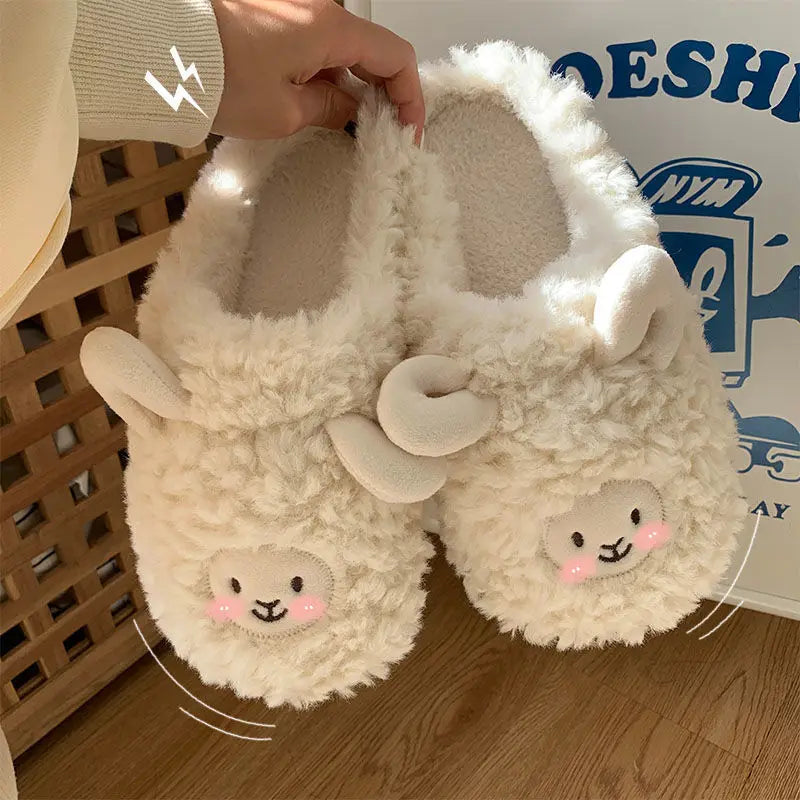 Comwarm Cartoon Plush Slippers For Women Men Winter Warm Fluffy Faux Fur Slippers Cute Sheep Indoor Home Couple Cotton Slippers