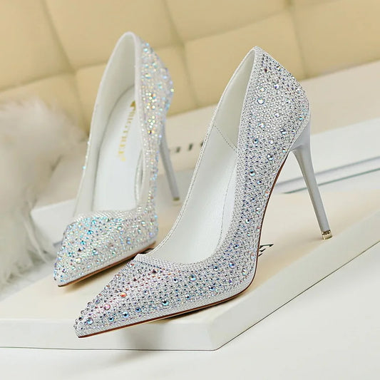 BIGTREE Women Pumps Sexy Rhinestone Sequined Cloth Sexy Slim 10cm Thin High Heels Women Wedding Shoes Party Nightclub Pump