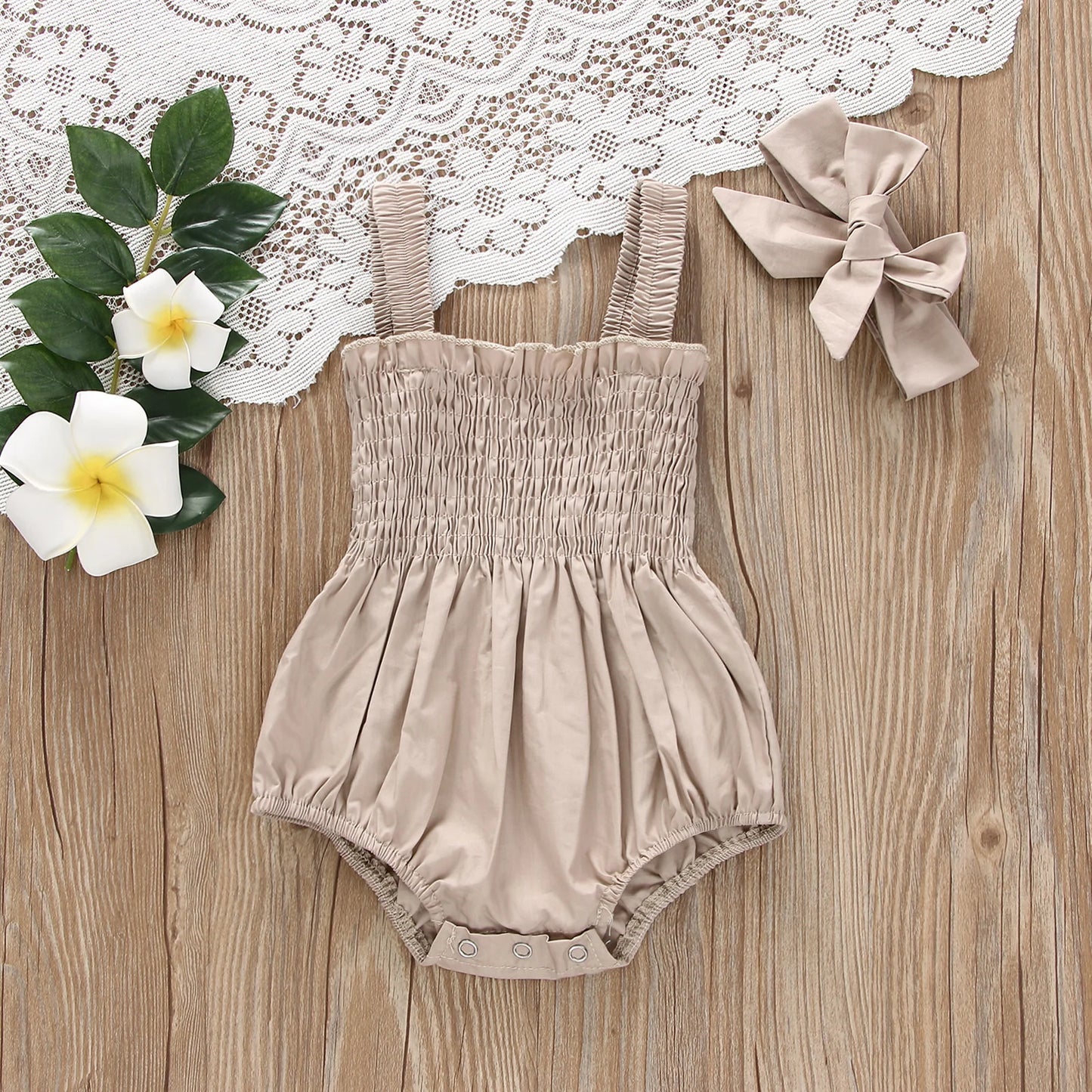 Infant Baby Girls Summer Elastic Jumpsuit Outfit Solid Color Ruched Casual Sleeveless Suspender Rompers