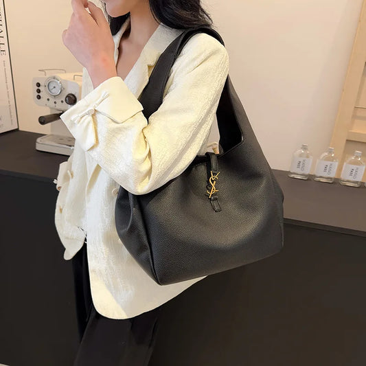 Stylish Women's SolidColor Shoulder Bag 2025Spring New Large Tote Bucket Bag Casual Shopping Minimalist Handbag with Personality