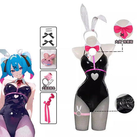 Anime Miku Rabbit Cosplay hole Black Leather Bunny Girl Sexy Cute Halloween Cosplay Costume Headdresses Clothes Bows girl Wig