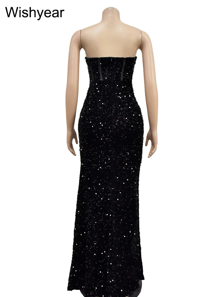 Wishyear Sequined Strapless Tunic High Side Split Bodycon Midi Maxi Dress for Women Wedding Sexy Club Even Party Birthday Luxury
