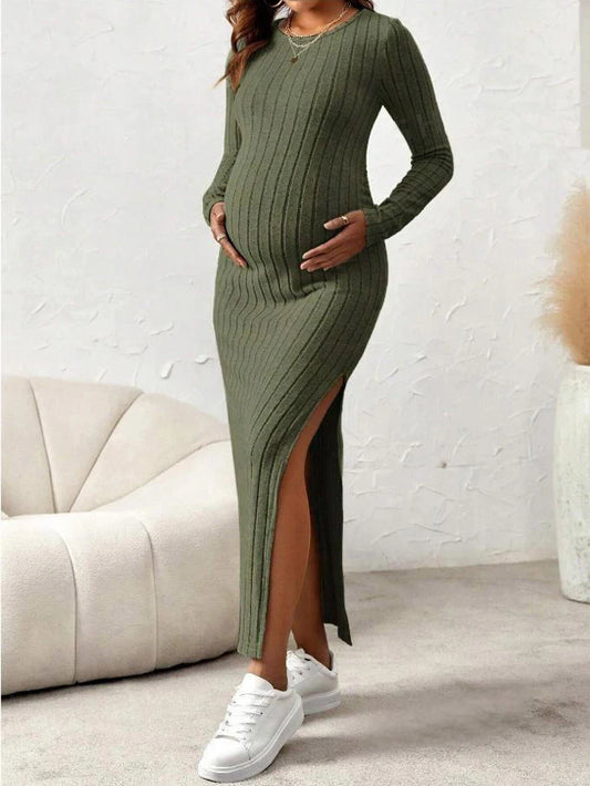 Womens Dresses Pregnancy Dresses Maternity Clothes Long Sleeve Maternity Dress Photoshoot Large Slit Rib Knit Clothing Women