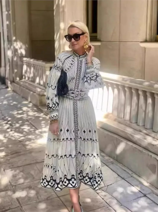Fashion Vintage Print Dresses Women Stand Collar Lantern Sleeve Belt Single Breasted Dress Female Vestidos Spring Autumn New
